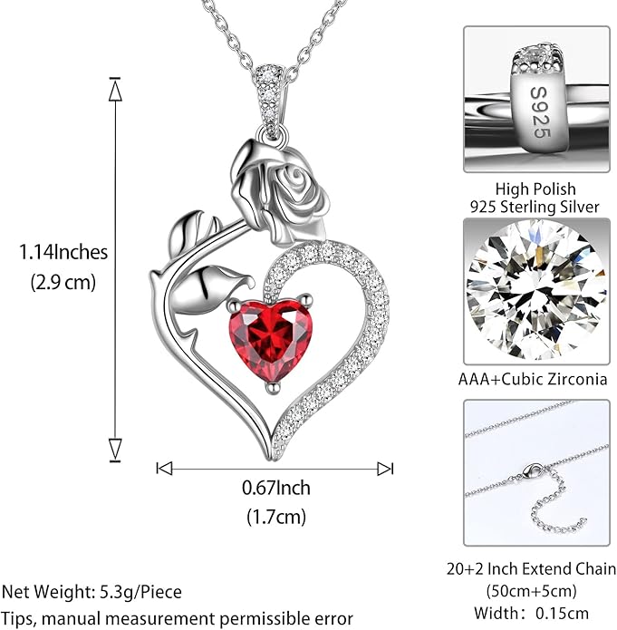 Jewmon Valentine Day Gifts for Her Rose Heart Birthstone Necklace for Women 925 Sterling Silver Birth Stone Flower Rose Necklace Anniversary Love GIfts for Girlfriend Wife Mom Birthday Gifts for Her