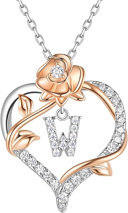 Valentines Day Gifts Rose Heart Letter Initial Necklace for Women, S925 Sterling Silver Pendant Necklace Adjustable Dainty Rose Flower Jewelry Gift for Her