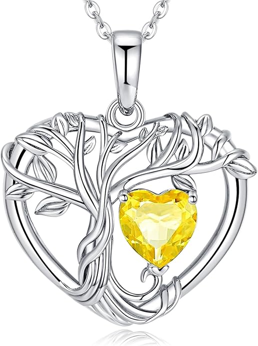 Tree of Life Necklaces for Women 925 Sterling Silver Heart Pendant Birthstone Necklace Created Gemstone Jewelry for Her, 18"+2"