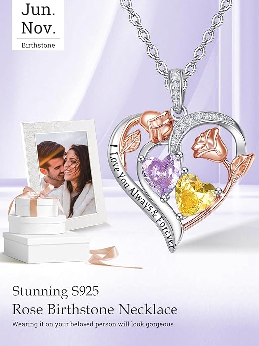 Valentine's Day Gifts for Wife 925 Sterling Silver Double Birthstone Pendant Necklaces I Love You for Always and Forever Necklace Anniversary Birthday Gifts for Wife Girlfriend Mom Her