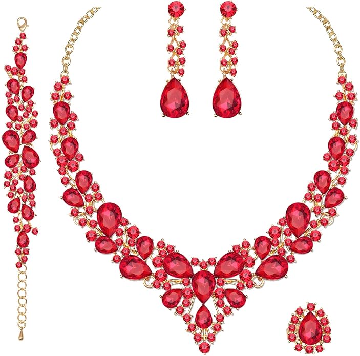 CSY 4 Pcs/Set Austrian Crystal Necklace Earrings Bracelet Ring Bridal Jewelry Sets for Brides Wedding Party Costume Accessories Gifts for Women