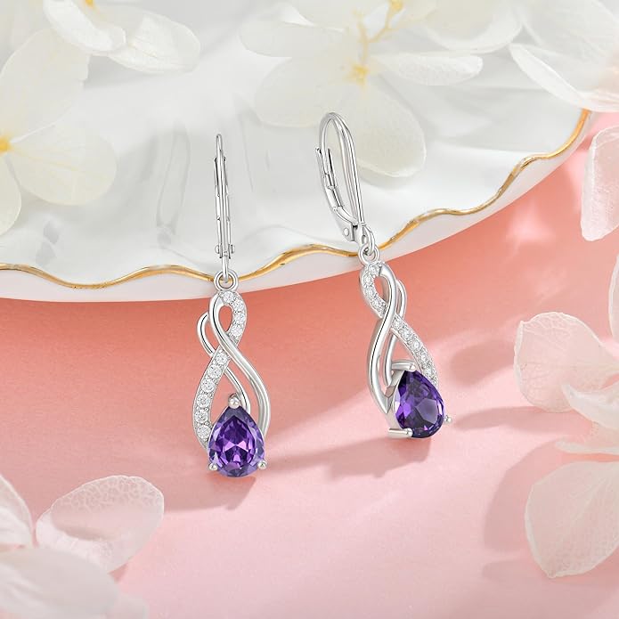 Infinity Love Birthstone Earrings for Women 925 Strling Silver 5A Cubic Zirconia Dangle Drop Leveback Earrings Jewelry Birthday Christmas Day Gifts for Her
