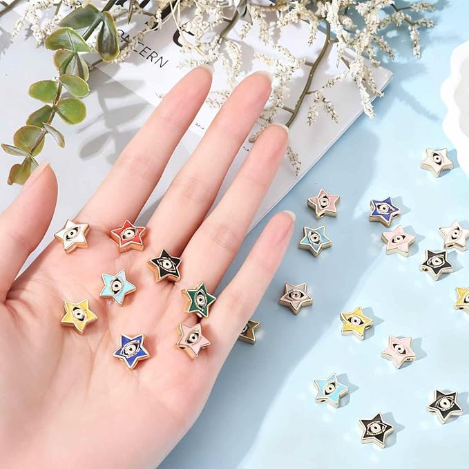 MECCANIXITY 20 Pcs Star Evil Eye Beads Colorful Flat Loose Spacer Evil Eye Charms for DIY Bracelet Earrings Necklace Crafts Jewelry Making, White