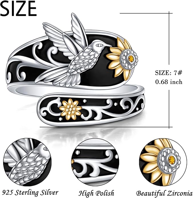 FLYOW Sterling Silver Sunflower Spoon Ring Victorian Style Boho Antique Flower Adjustable Open Ring Retro Statement Cubic Zirconial/Turquoise/Oxidized Thumb Rings for Women Birthday Christmas Jewelry