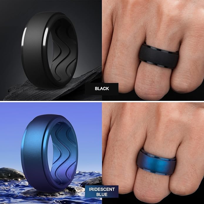 Egnaro Men's Silicone Rings 10mm Wide 2.5mm Thick, Rubber Wedding Bands with Inner Arc Ergonomic Breathable Design, 1/4/5/7 Variety Multipack