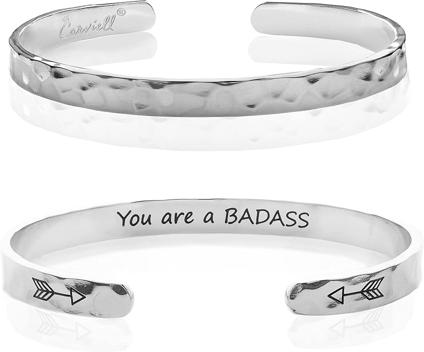 Carviell Engraved Cuff Bracelets for Women – Inspirational, Friendship, Love, Mom, Daughter, Sister, Christian, Graduation, Memorial & Wedding Gifts – 80+ Phrases – Stainless Steel, Gift-Ready