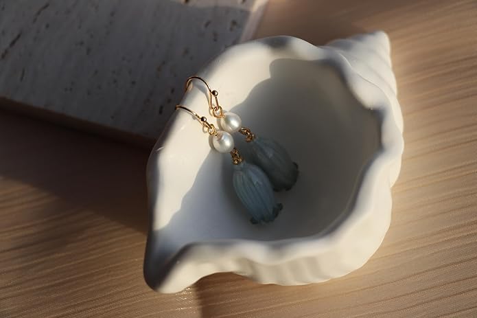 All natural delicate Campanula flowers paired with pearl drop earrings are handmade and unique，Vintage-Style Pearl Drop Earrings, Blue Glass Bell Flower Design, Gold-Tone Hooks，Real Preserved Bellflower & Freshwater Drop Earrings | Handmade Hypoallerge...