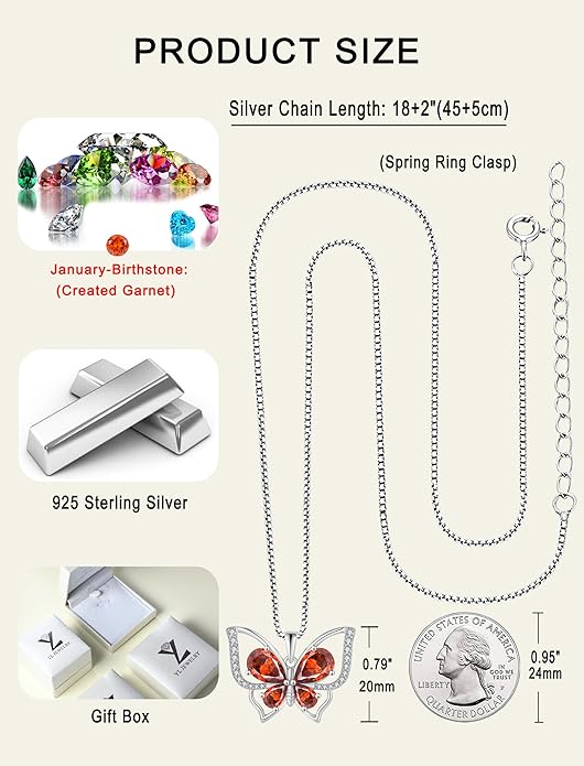 YL Women's Butterfly Necklace 925 Sterling Silver Flower Rose Pendant Birthstone Halo Jewelry