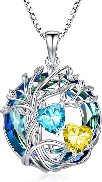 TOUPOP s925 Sterling Silver Family Celtic Tree of Life Pendant Necklaces with 2 Heart Birthstone with Blue Austrian Crystal Jewelry Birthday Valentines Day Gifts for Her, Anniversary Christmas Gifts for Wife Girlfriend Mom (18K Real White Gold Filled)