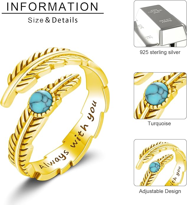Turquoise/Moss Agate/Moonstone/Black Onyx/Lapis Lazuli/Labradorite/Tiger Eye Feather Ring 925 Sterling Silver Adjustable Ring Western Thumb Rings Vintage Jewelry Gifts for Women