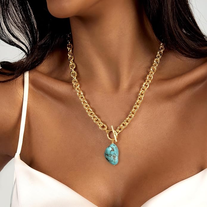 Zeffy 14K Gold/Silver Plated Chunky Thick Chain Toggle Clasp Necklace Dainty Baroque Pearl/Heart/Cross/Turquoise Pendant Necklace