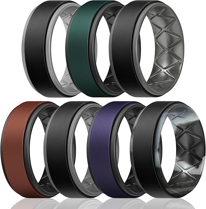Egnaro Silicone Rings for Men 1/4/5/6/7 Multipack of Breathable Mens Silicone Rubber Wedding Rings Bands - Step Edge