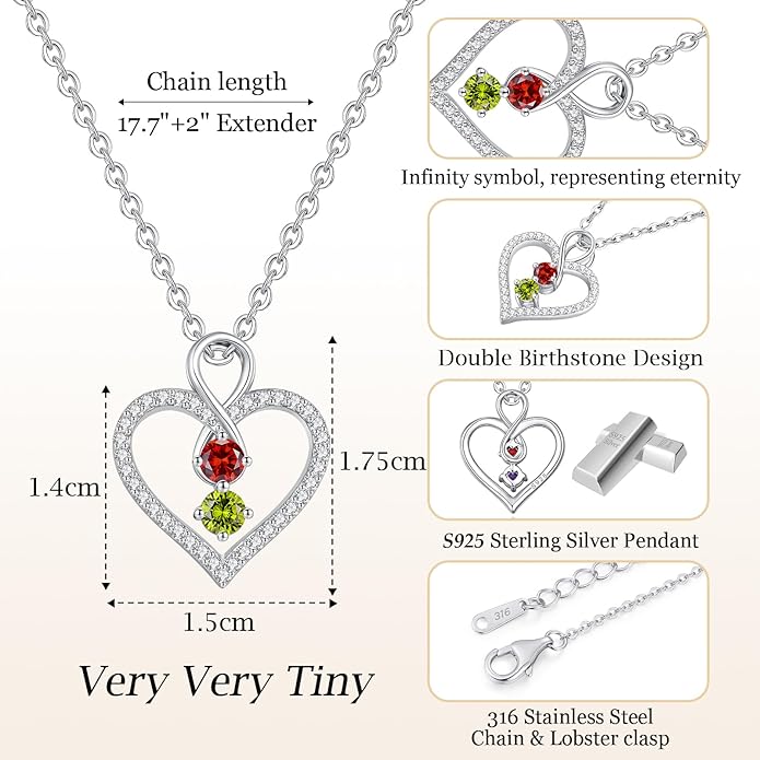 LOUISA SECRET Infinity Double Birthstone Necklace, 925 Sterling Silver Tiny Pendant Heart Necklace for Women Wife Her, Best Jewelry Gift Heart Jewelry Meaningful Gift for Valentine's Day, Christmas, Birthday Anniversary