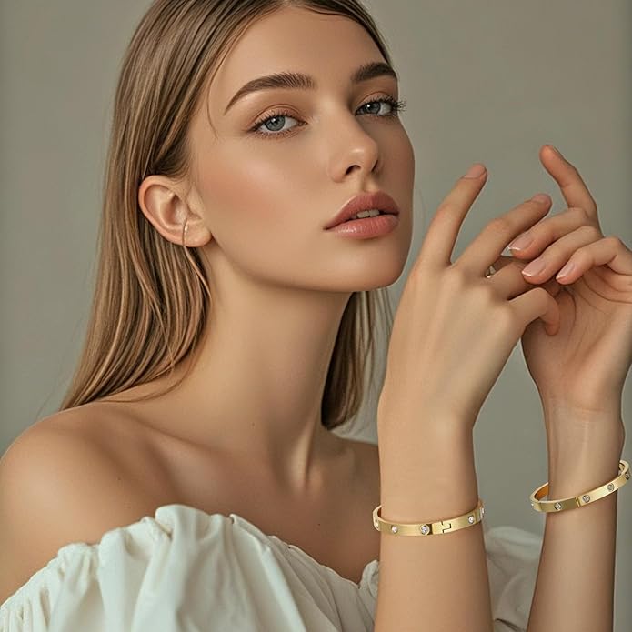 2Pcs 18K Gold-Plated Love Bangle Bracelets set for Women, Stainless Steel Cubic Zirconia Bangle Crystal Friendship Jewelry, Easter Wedding Birthday Gifts for Girlfriend, Wife, Monther