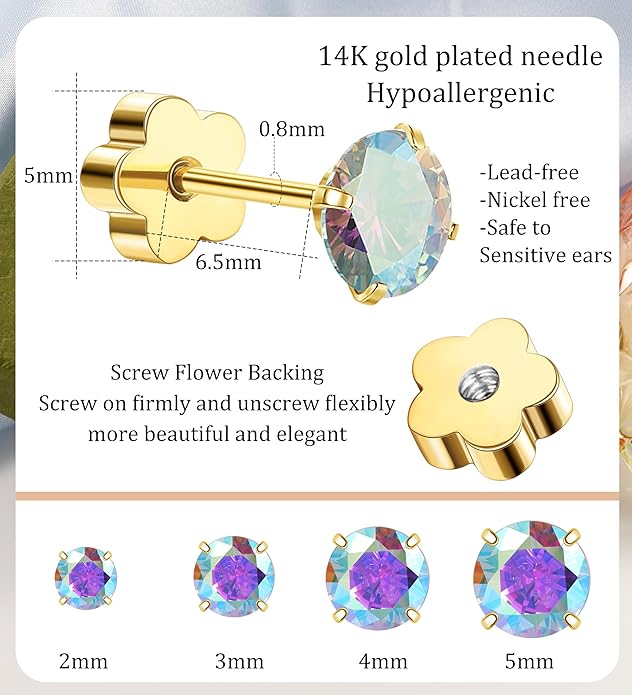 4Pairs AB Cubic Zirconia Earrings Studs Flat Back Earrings for Women 14K Gold CZ Flatback Stud Earrings Hypoallergenic Cartilage Nap Earrings