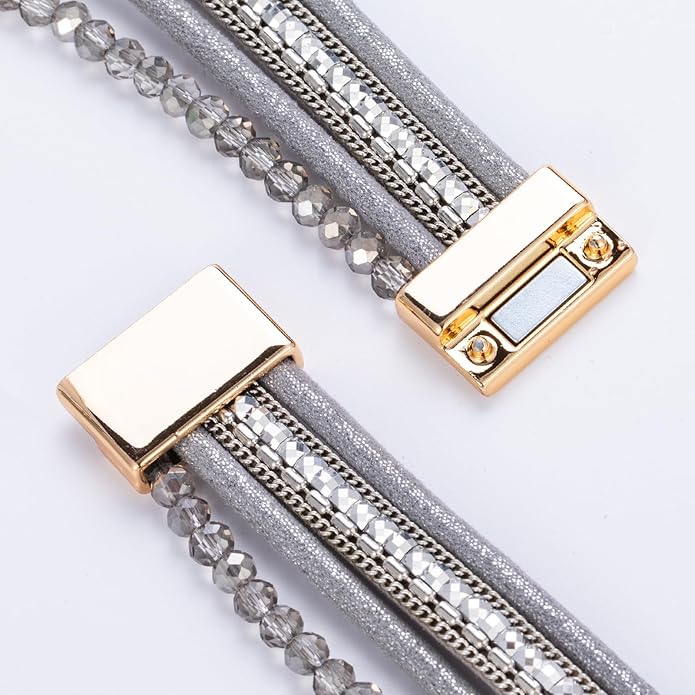 FANCY SHINY Leather Wrap Bracelets Crystal Beads Bracelet Boho Cuff Stone Charm Bracelets with Clasp Costume Jewelry for Women