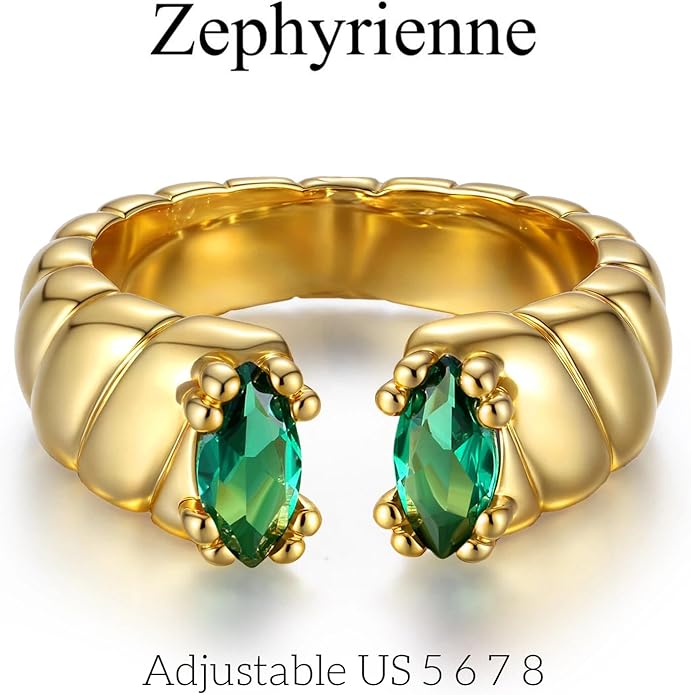 Chunky 18K Gold Adjustable Statement Ring for Women - Green Marquise Crystal Open Band, Vintage-Inspired Luxury Gift