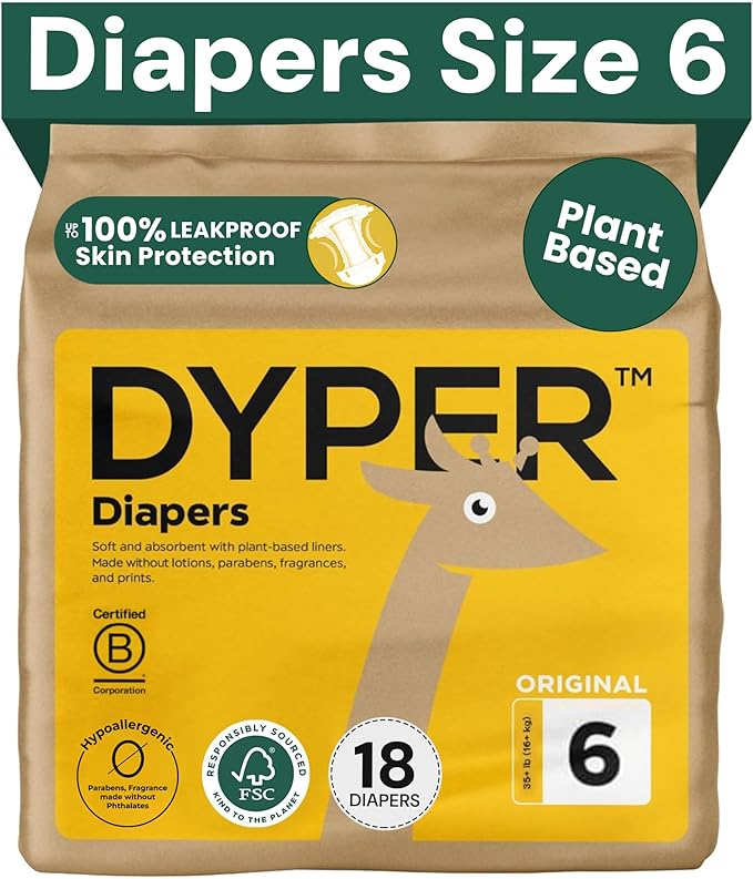 DYPER - Baby Diapers Size 6 (18 Count) - Plant Based Disposable Diapers for Day and Overnight Premium Leak Protection, Skin-Friendly Comfort with Soft Size 6 Diapers (>35 lb)