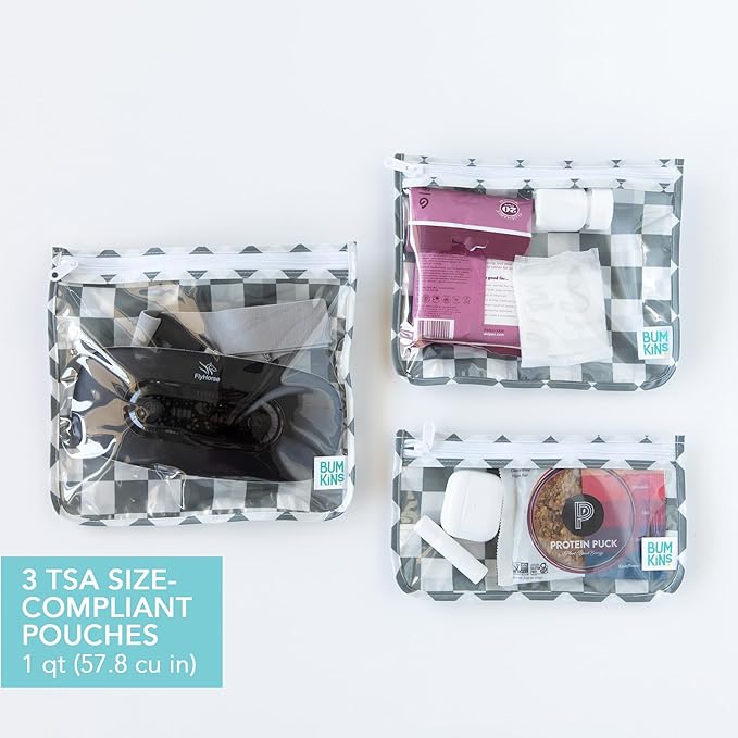 Bumkins - Waterproof Wet Bag, Wet/Dry Clutch & Clear Travel Bags - For Beach, Baby, Travel, Cloth Diapers, Pump Parts, Pool, Gym, Toiletries - Reusable & Easy to Clean - Gray Check - 5 Pack