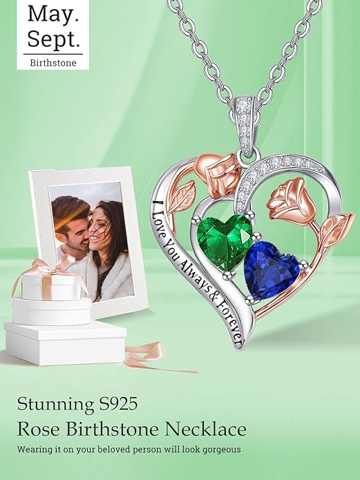 Valentine's Day Gifts for Wife 925 Sterling Silver Double Birthstone Pendant Necklaces I Love You for Always and Forever Necklace Anniversary Birthday Gifts for Wife Girlfriend Mom Her