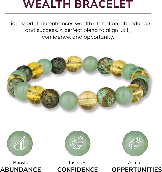 Crystal Vibe Extra Strength Wealth Bracelet - Money Bracelet for Prosperity - Citrine, Green Aventurine and African Turquoise Beaded Bracelet for Women Men - Adjustable Size