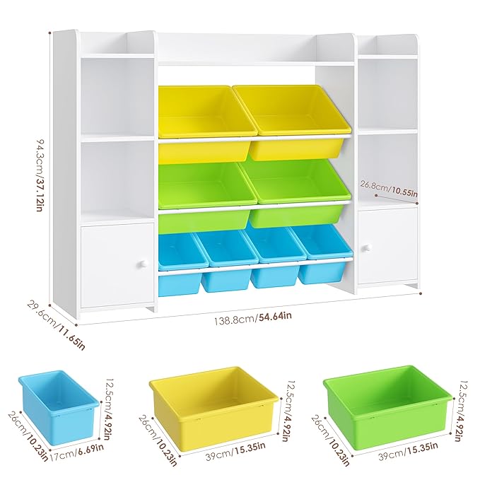 FOTOSOK 55''Large Toy Storage Organizer with 8 Toy Bins, Toy Organizers and Storage with Shelf and 6 Storage Cubbies, Bookshelf, Playroom Organization and Storage Bins, White/Green