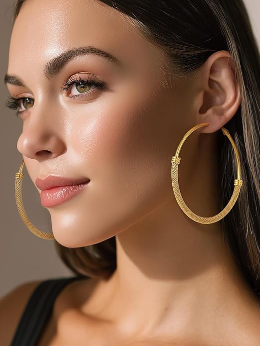 KeyStyle Mesh Hoop Earrings for Women, Stainless Steel Gold Hoops Earring Lightweight Loops, 2MM Thick Hypoallergenic Circle Endless Hollow Hoop 20mm-80mm
