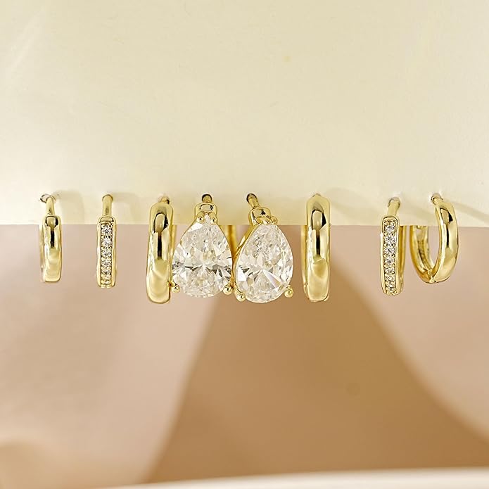 4Pairs Statement Gold Hoop Earrings for Women Trendy,Surgical Steel Gold Plated Hoop Hypoallergenic Earrings Set,Titanium Hoops Earring Stacks,CZ Cartilage Huggie Hoops Earring Gifts for Girlfriend