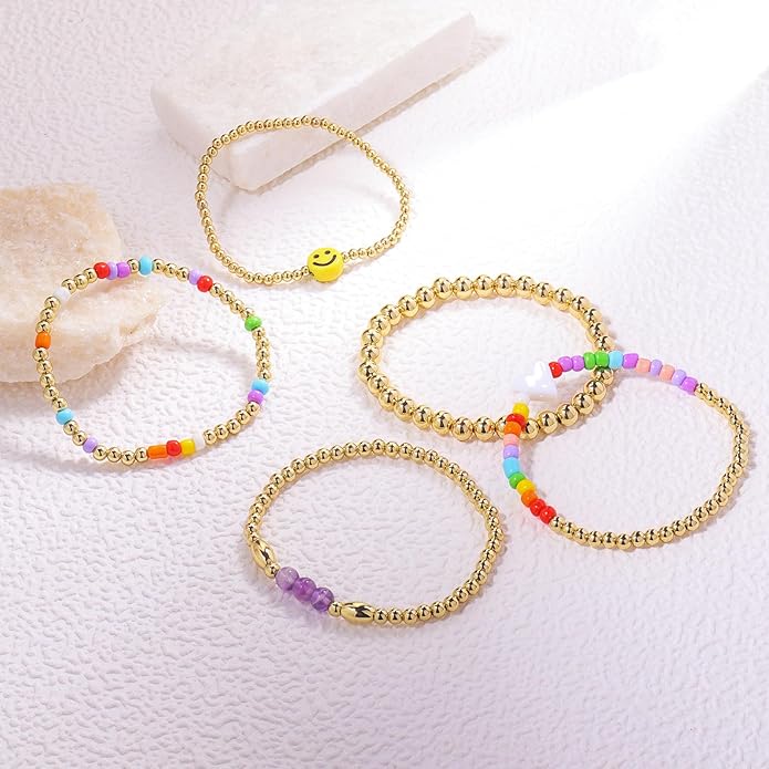 Gold Bracelets for Women Waterproof, 14K Gold Plated Beaded Cross Bracelets Set,Boho Stretch Bracelets Stackable Jewelry for Women Teenage Girls Jewelry Christmas Gifts