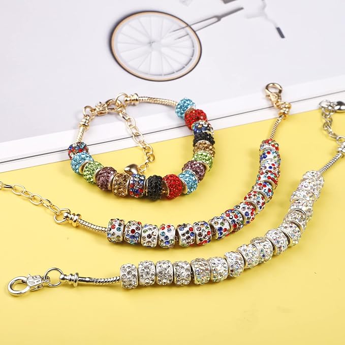 200 PCS European Large Hole Beads Rhinestone Colorful European Beads Crystal Large Hole Craft Beads for DIY Charms Bracelet Jewelry Making