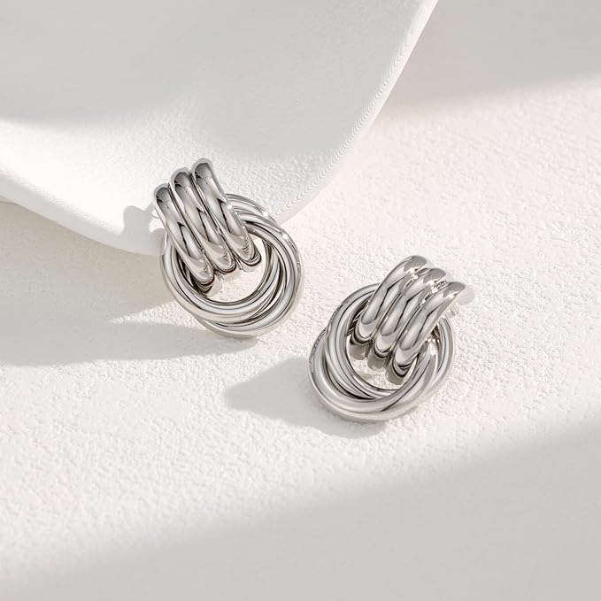 Silver Knot Earrings, Circle Link Geometric Drop Dangle Earrings Studs, Women's Jewelry_L Size