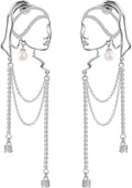 Unique Abstract Face Art | Dangle Statement Long Earrings for Women | Rhinestone Tassel Handmade Chandelier Earrings