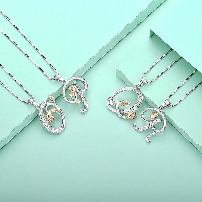 STARCHENIE Initial Necklace for Women Sterling Silver Letters 26 Alphabet Pendant Rose Flower Jewelry Gifts for Family Sisters Friend
