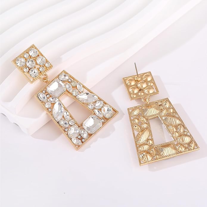 Rhinestone Rectangle Statement Earrings Colorful Crystal Geometric Drop Dangle Earrings for Women Prom Party