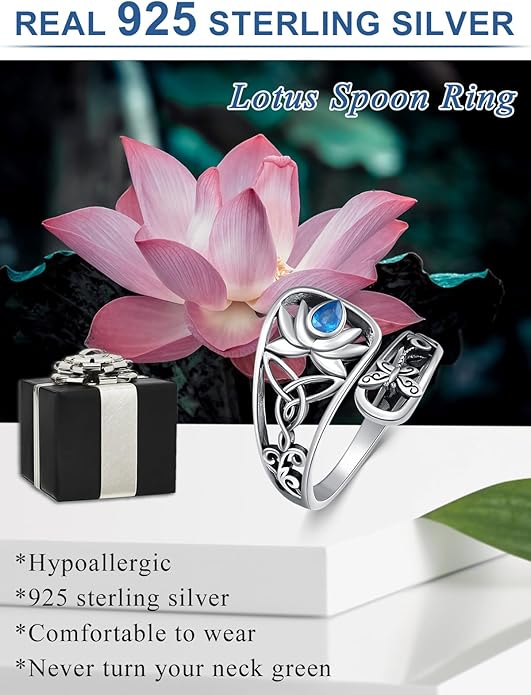 Midari Sun and Moon/Bee/Celtic/Life of Tree/Lotus Spoon Ring for Women 925 Sterling Silver Adjustable Ring Open Ring for Women Men Halloween Birthday Gift