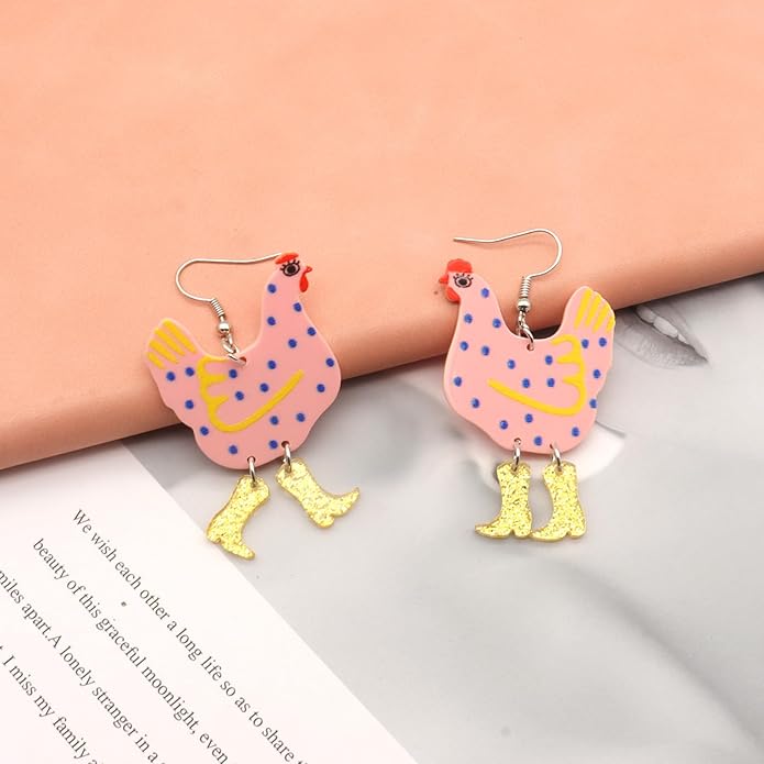 Acrylic Boot Big Chicken Earrings,Funny Colorful Boots Chicken Drop Dangle Earrings,Cock Hen Foot Chicken Earrings for Women Farm Design Lovely Gift