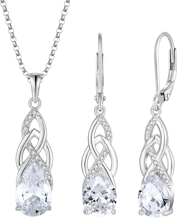 JO WISDOM Celtic Knot Infinity Jewelry Set for Women 925 Sterling Silver Dangle Drop Leverback Earrings April Birthstone Necklace Pendant Gemstone Jewelry