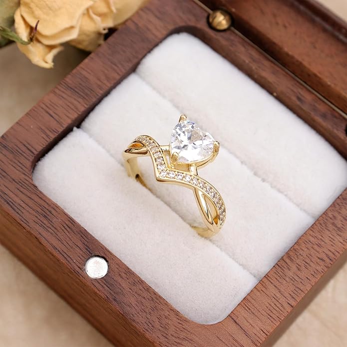 Jean Beau Gold Heart Adjustable Rings for Women, Trendy Elegant Sparkly Cubic Zirconia Ring Wedding Prom Valentine Fashion Accessories Jewelry Gift