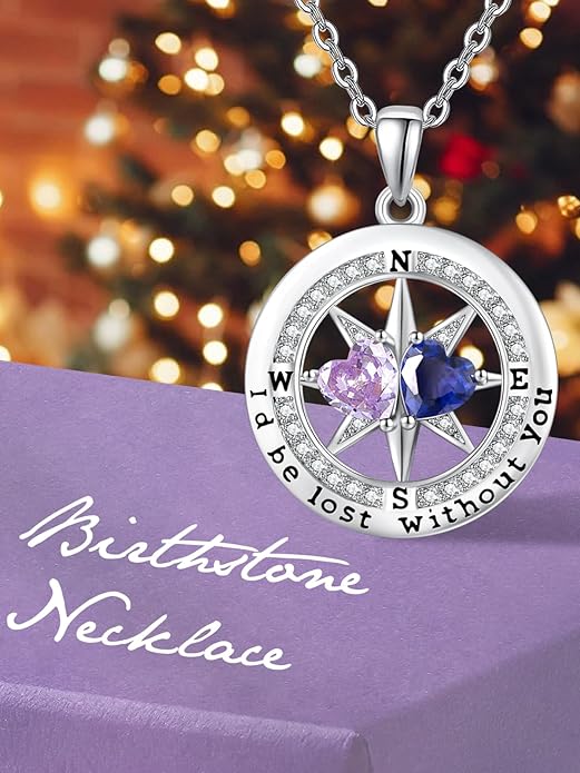 Compass Necklace for Women, Exquisite S925 Valentines Day Anniversary Birthday Gifts for Wife Her Double Birthstone Pendant Jewelry ‘I'd be Lost Without You’