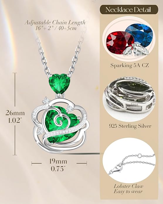 FANCIME Thornless Pulse Heart Birthstone Necklace for Women Sterling Silver Rose Pendant Fine Jewelry Gemstone Birthday Valentines Day Gifts for Wife Her