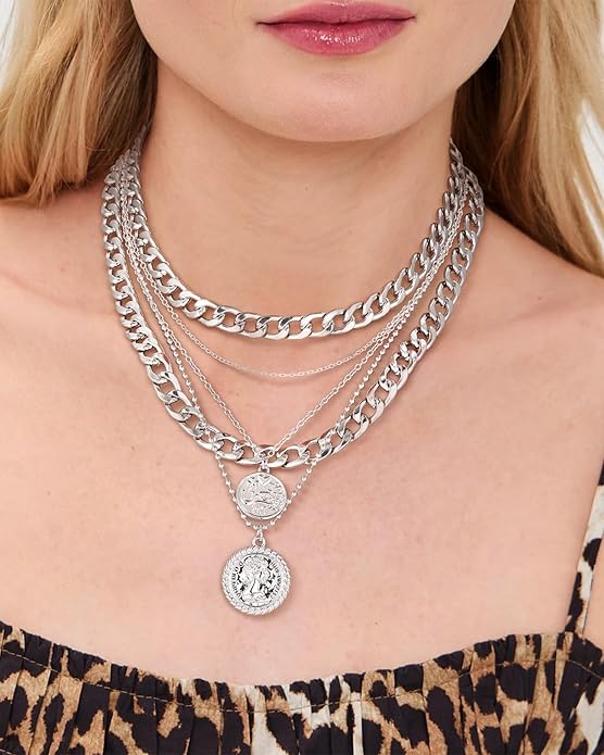 MJartoria Layered Necklaces for Women Trendy Retro Coin Pendant Necklace Dainty Chunky Chain Necklaces for Jewelry Birthday Gifts
