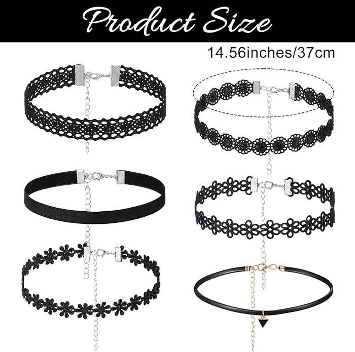 Bremorou 6 Pcs Choker Necklace for Women Black Velvet Chokers Adjustable Vintage Gothic Elastic Choker for 90s Style Classic Punk Lace Chokers Fit Party Cosplay Birthday Gifts Black