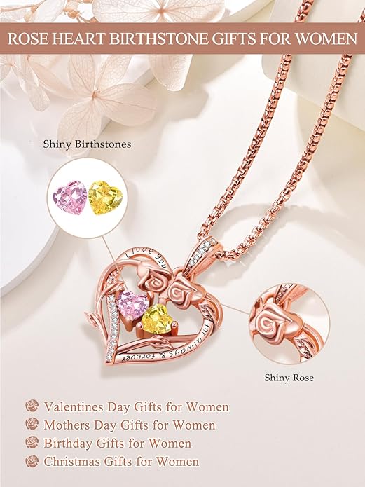Rose Heart Necklaces for Women, Rose Gold Forever Love Jewelry with 2 Birthstones Pendant,Valentines Anniversarry Birthday Gifts for Her Wife Mom Grandma Daughter, 18+2 Inch Chain