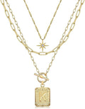 MJartoria Layered Initial Necklaces for Women Trendy, 14K Gold Plated Brass Simple Star Choker Square Letter Pendant Necklace, Paperclip Chain Necklaces Jewelry Gifts