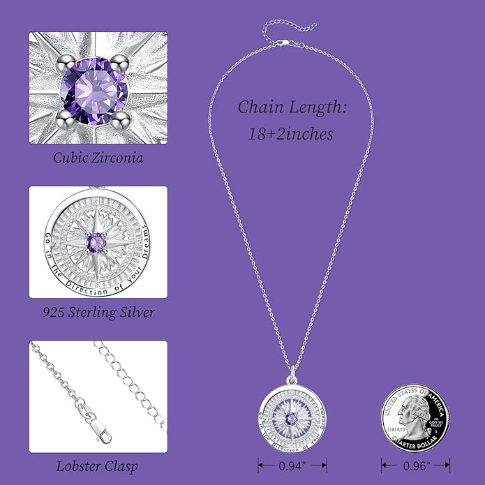 KINGWHYTE Graduation Gifts Birthstone Necklace for Women 925 Sterling Silver Compass Pendant Go in the Direction of your Dream Travel Jewelry Birthday Gift for Her