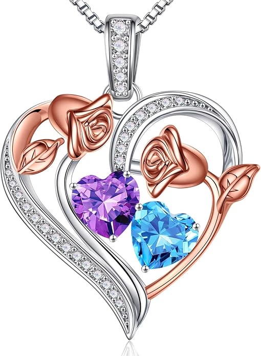 Iefil Valentines Day Gifts for Her - 925 Sterling Silver Rose Heart Necklace, Birthstone Jewelry, Anniversary Birthday Gifts for Wife Girlfriend Mom Daughter