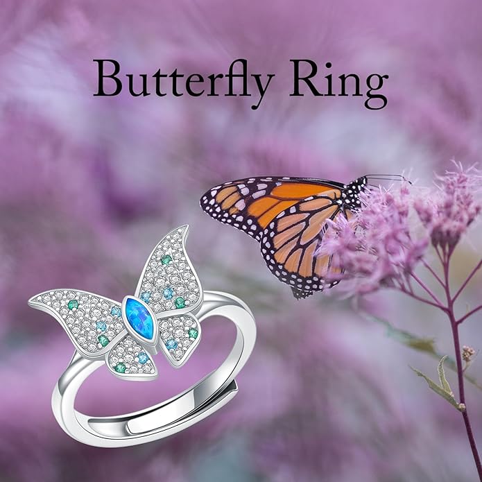 Sterling Silver Blue Butterfly Opal Rings for Women,Butterfly Open Ring Butterfly Ring Butterfly Adjustable Ring Opal Ring Jewelry Gift for Hers Ring Adjustable Size 6-9-1