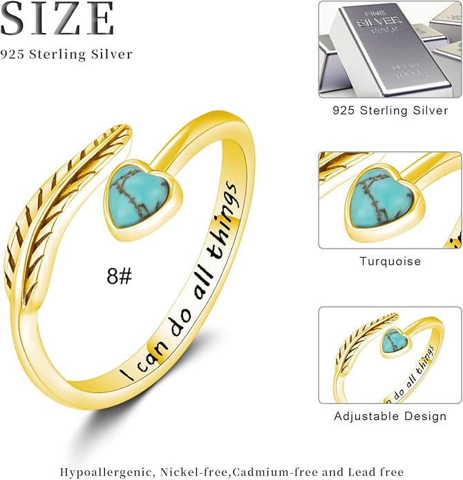 Turquoise/Moss Agate/Moonstone/Black Onyx/Lapis Lazuli/Labradorite/Tiger Eye Feather Ring 925 Sterling Silver Adjustable Ring Western Thumb Rings Vintage Jewelry Gifts for Women