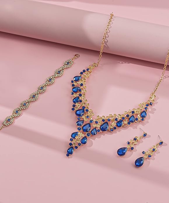 Wedding Bridal Bridesmaid Austrian Crystal Rhinestone Jewelry Sets Statement Choker Necklace Earrings Bracelets Sets for Wedding Party Prom