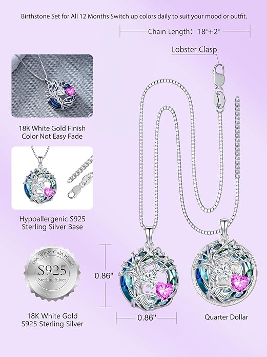 TOUPOP s925 Sterling Silver Family Celtic Tree of Life Pendant Necklaces with 2 Heart Birthstone with Blue Austrian Crystal Jewelry Birthday Valentines Day Gifts for Her, Anniversary Christmas Gifts for Wife Girlfriend Mom (18K Real White Gold Filled)